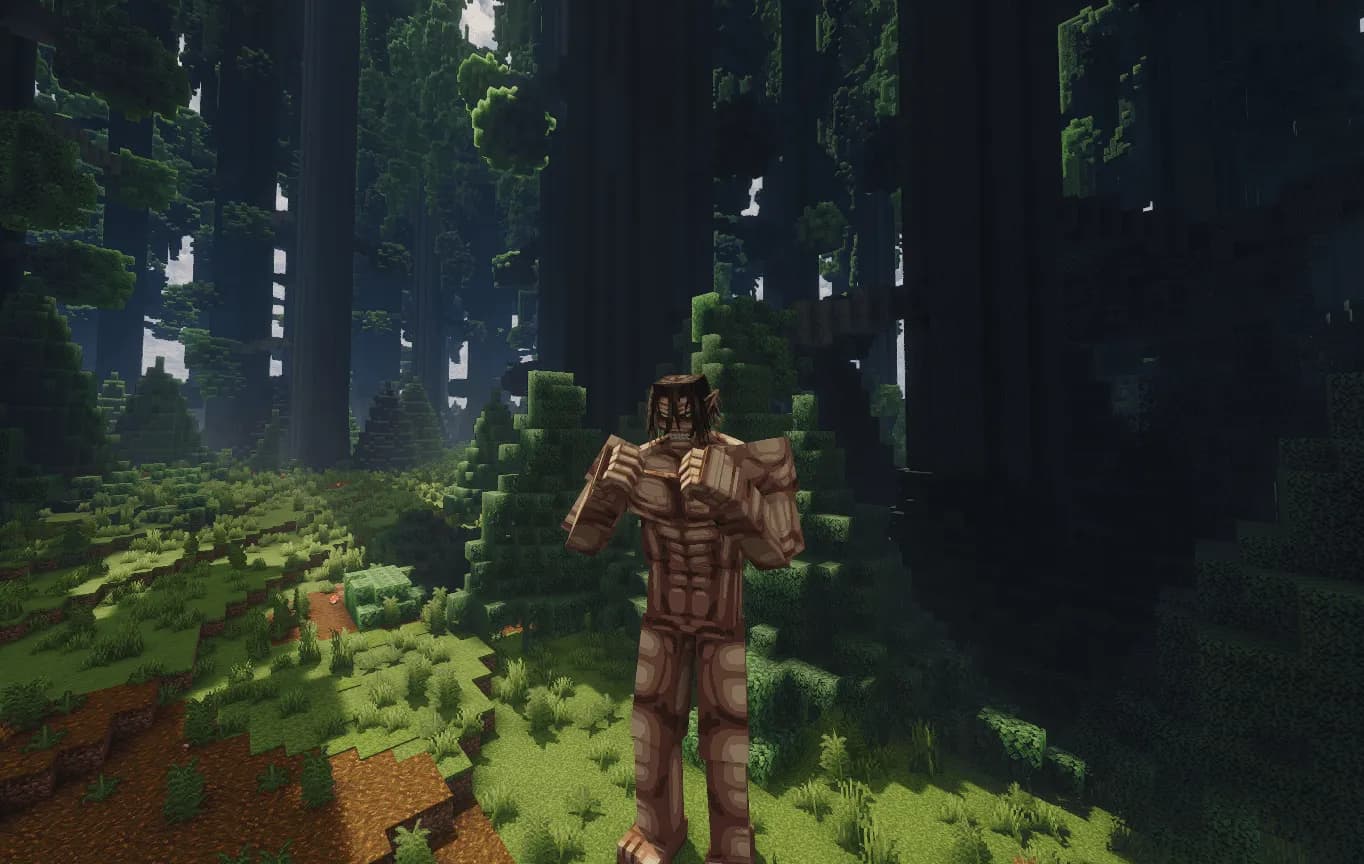 Un titano fra gli alberi giganti della foresta di Paradis, nel server Minecraft Attack on Titan MinecraftAOT